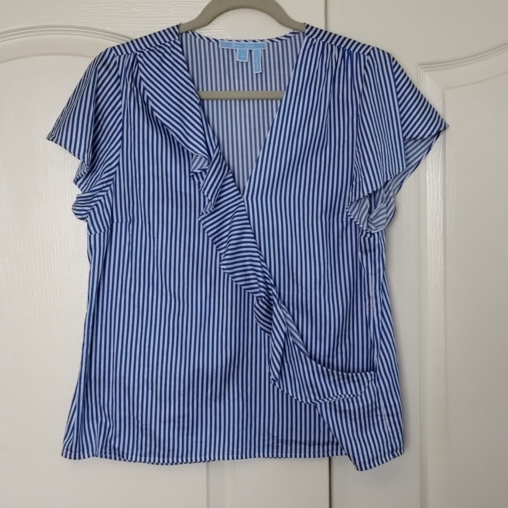 Draper James blouse top blue white striped cross over size 10 with snap Draper
